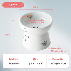 Necoichi 2-cup capacity raised bowl fits moderate portions for large cats.