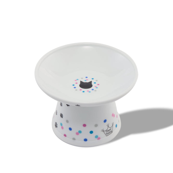 Necoichi raised cat bowl with colorful dots elevates feeding comfort.