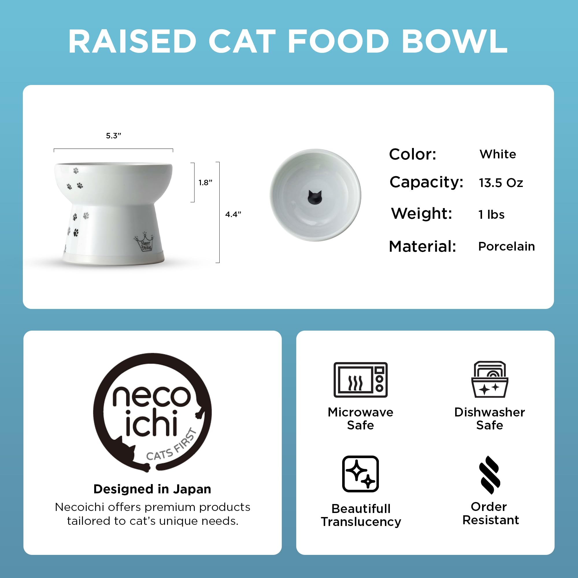 Necoichi raised ceramic dish is dishwasher safe for easy cleanup.