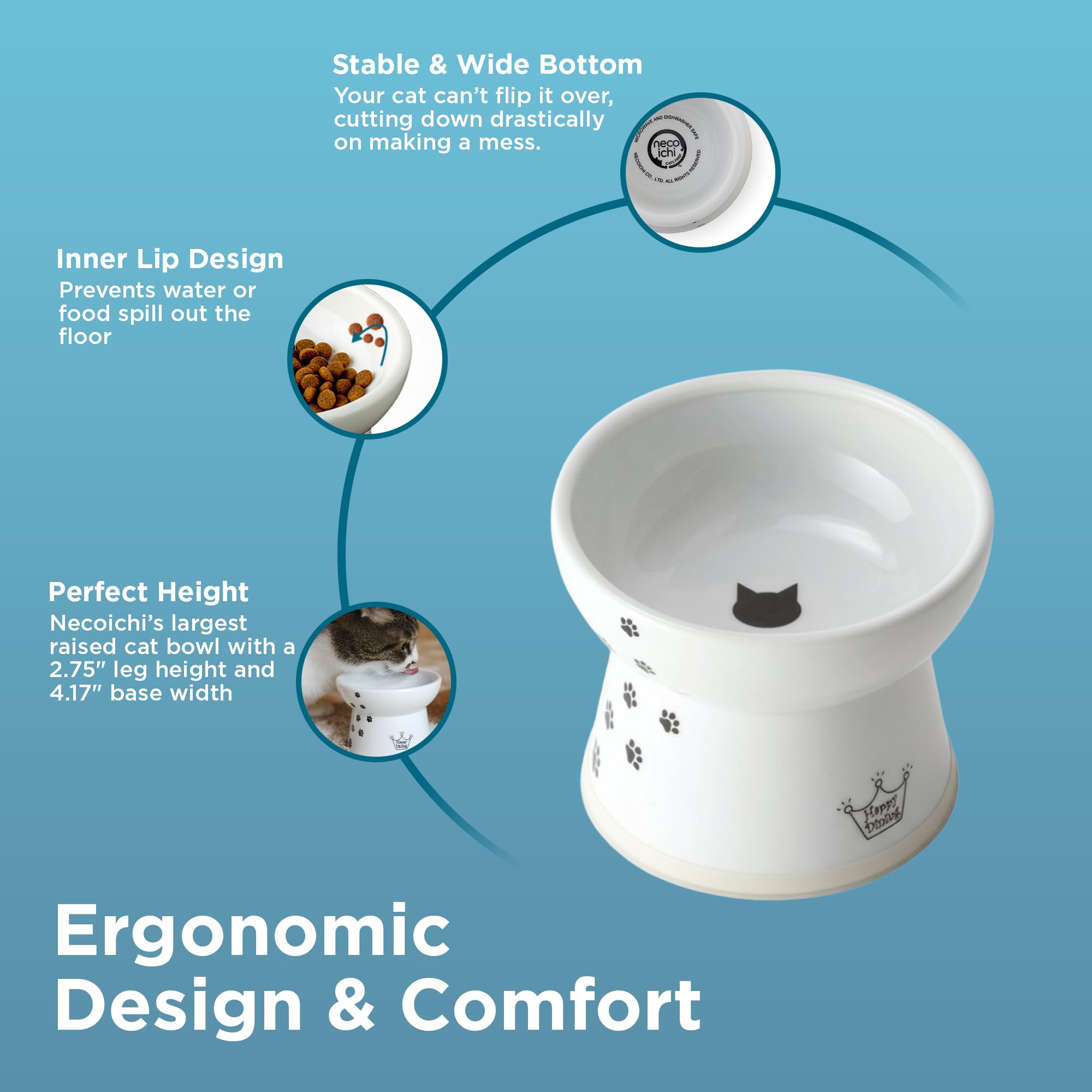 Necoichi raised bowl designed for flat-faced cats enhances comfortable dining.