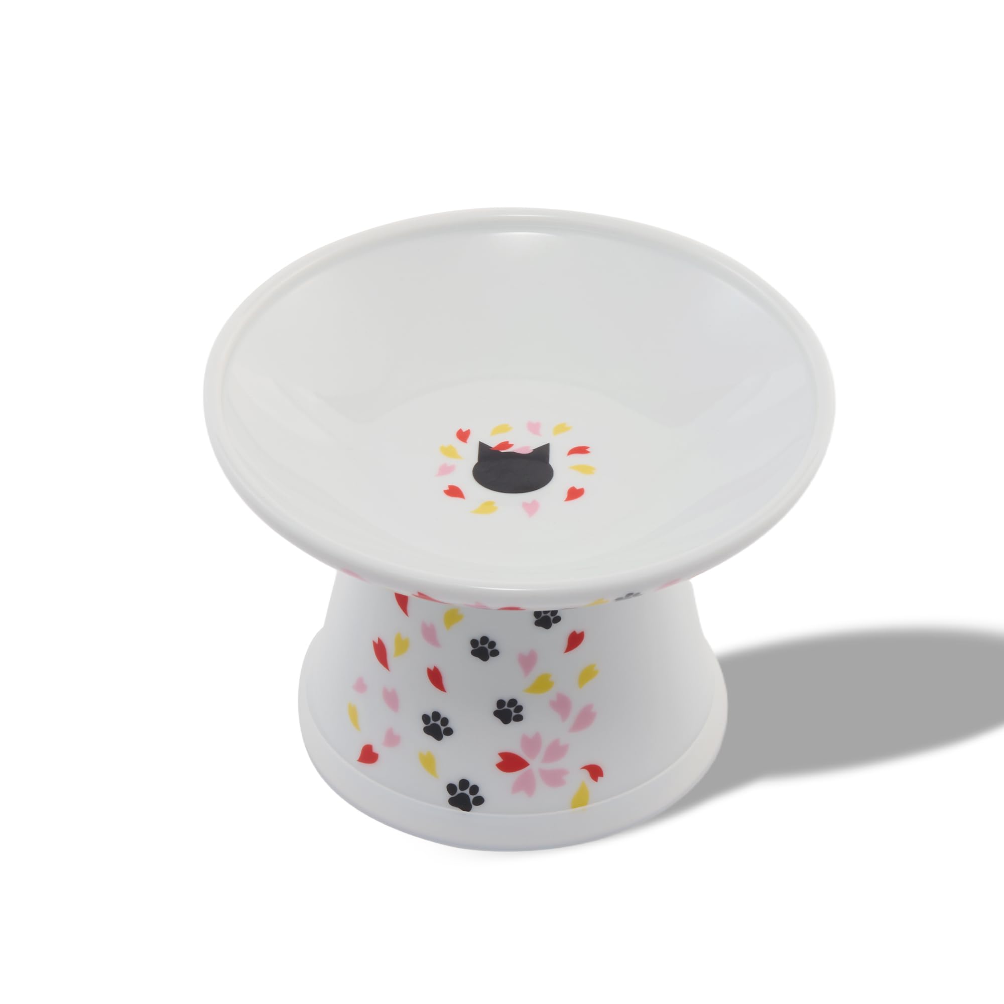 Necoichi raised bowl with sakura floral front supports whisker comfort during meals