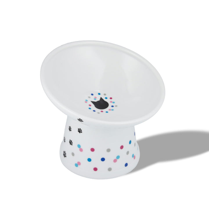 Necoichi raised bowl tilted at 15 degrees for comfortable cat dining and whisker relief.