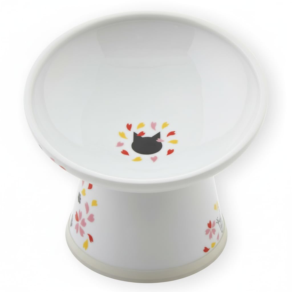 Necoichi raised cat bowl with sakura floral tilt for whisker comfort.