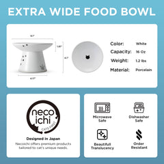 Necoichi wide-design bowl helps flat-faced cats eat with less whisker contact.