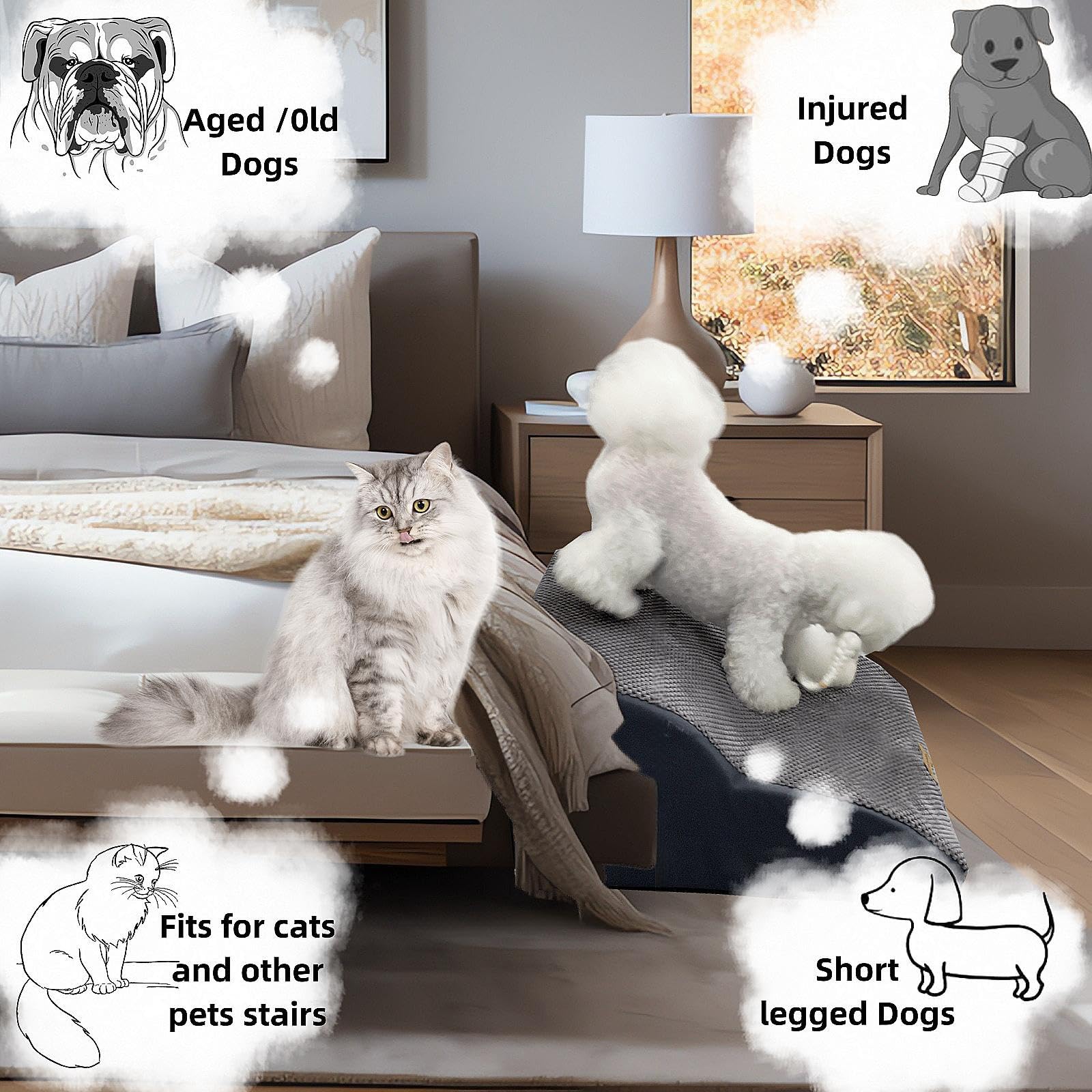 Necrely 3-step wide stairs provide stability for small or large dogs.