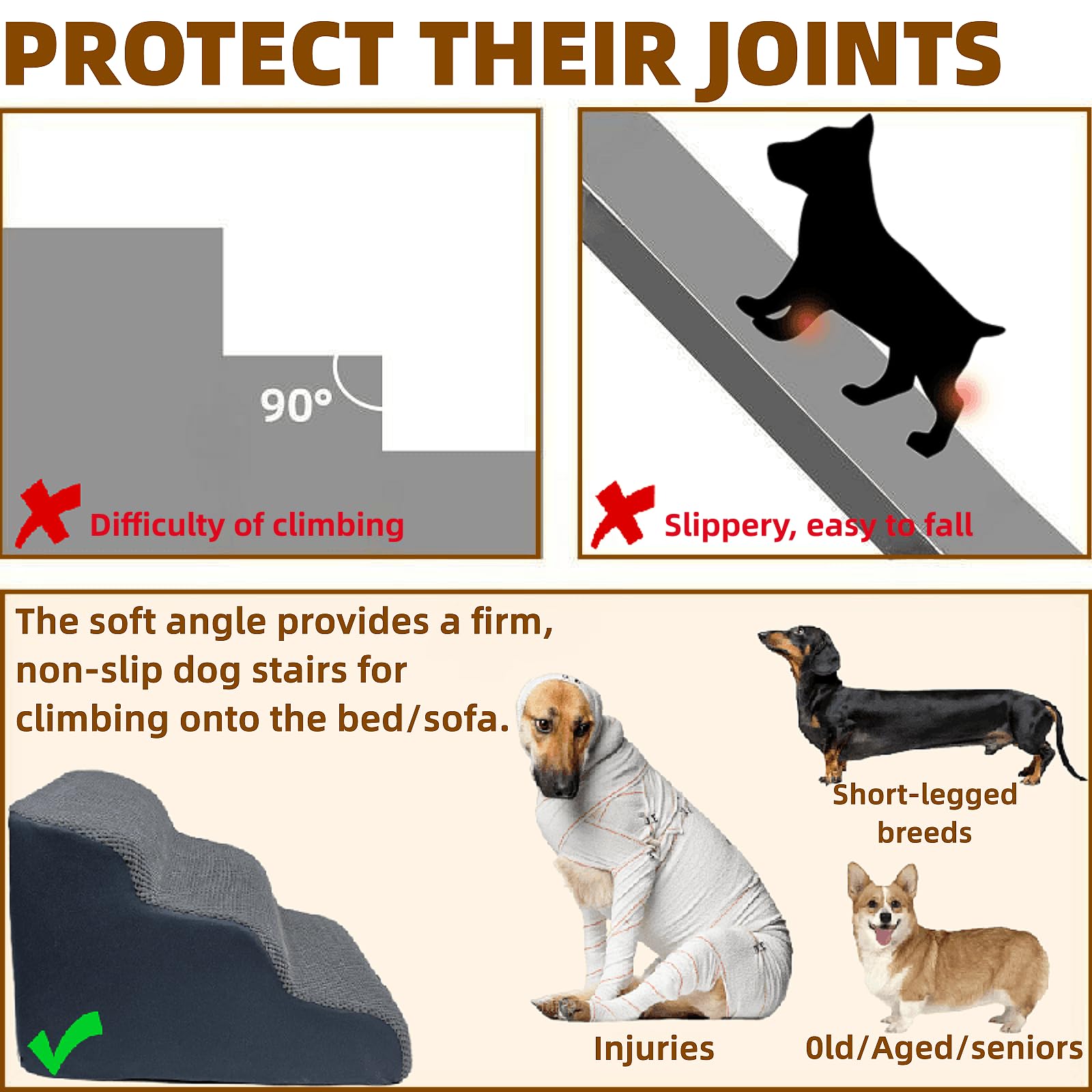 Curved 35-degree design reduces jumping height and joint stress for pets.