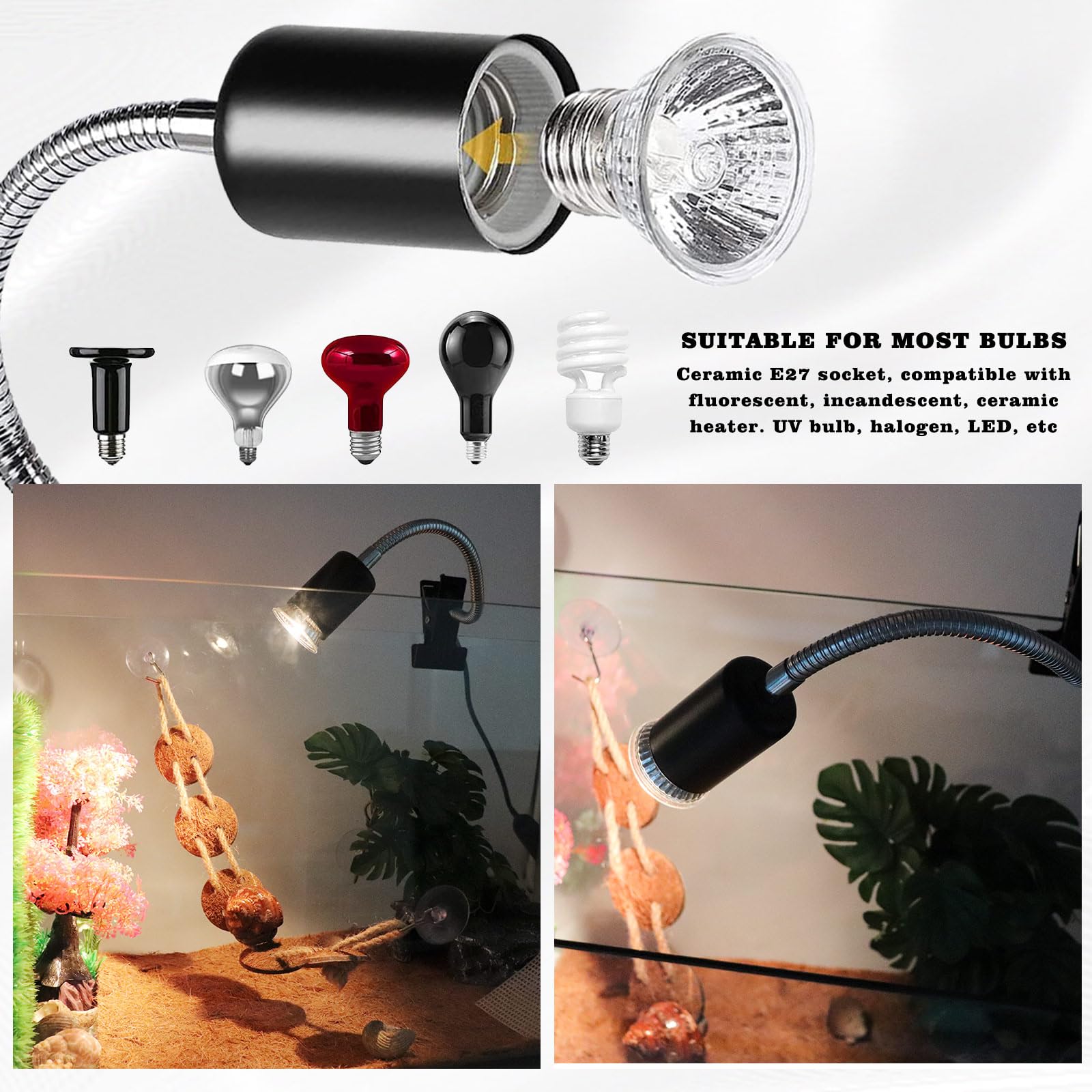 Neeenn Hermit Crab Heat Lamp 360-degree rotatable hose directs light precisely where needed.