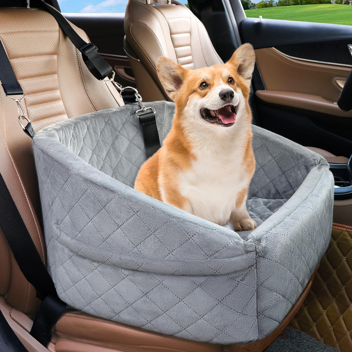 NEEZUKAR dog car seat front view with secure belt attachment for safe travel