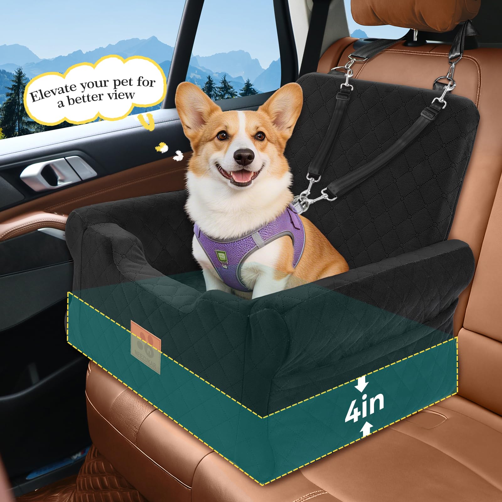 NEEZUKAR elevated-view seat for small to medium dogs on trips.