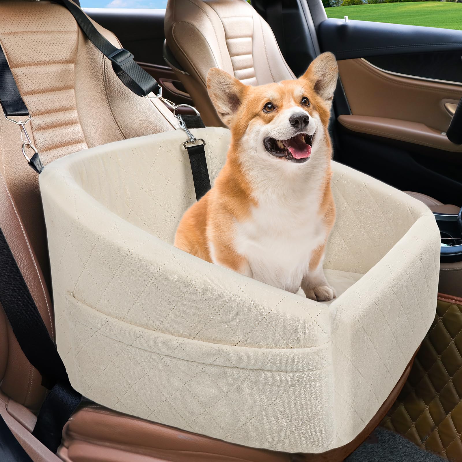 NEEZUKAR dog seat front view with secure straps for safer car travel.