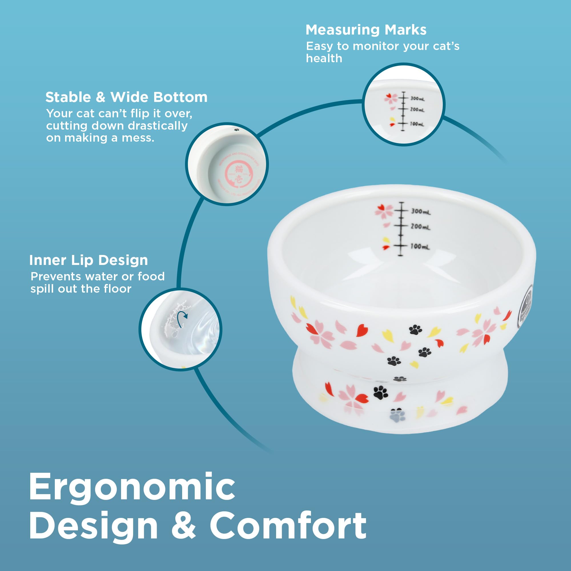Nekoichi raised cat bowl features inner measurement lines to monitor water intake.