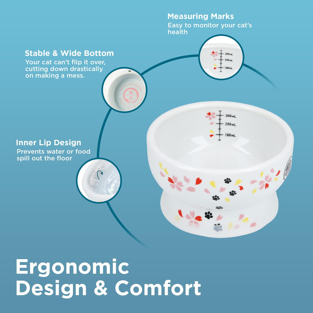 Nekoichi raised cat bowl features inner measurement lines to monitor water intake.