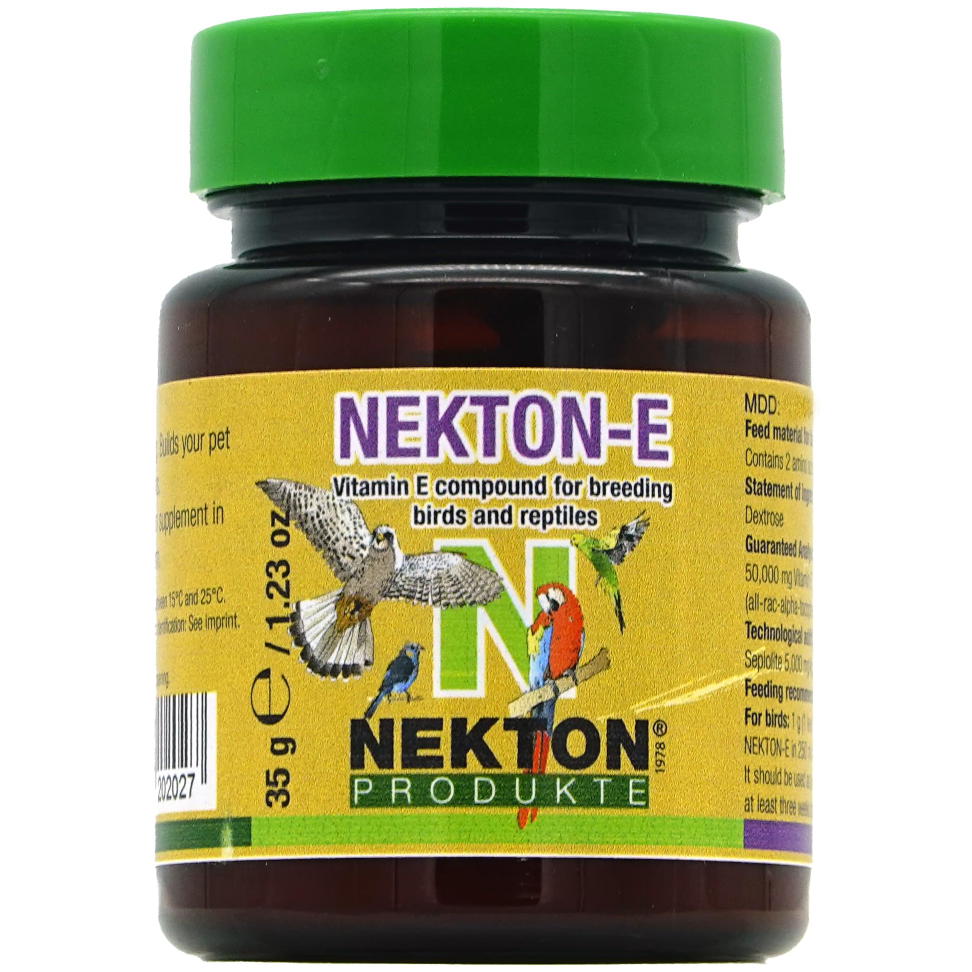 Nekton-E Vitamin E bird bottle pour demonstrates easy daily supplementation for health