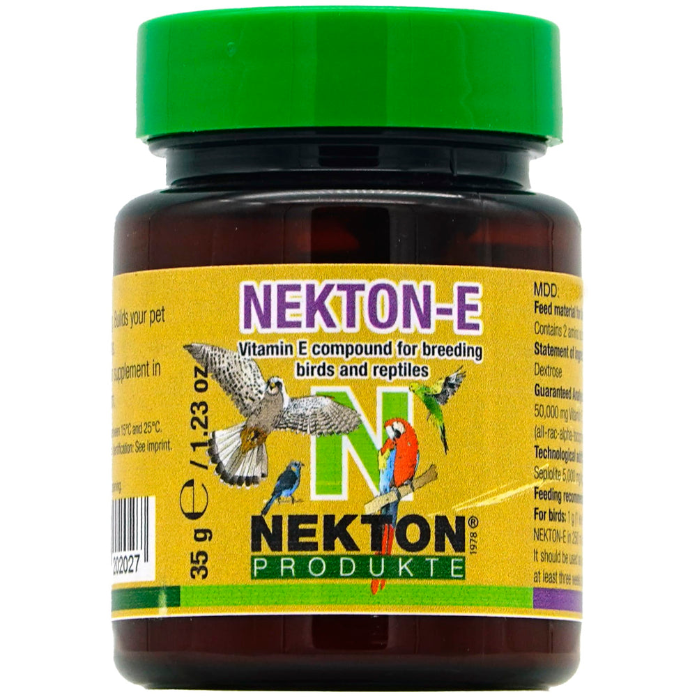 Nekton-E Vitamin E bird bottle pour demonstrates easy daily supplementation for health