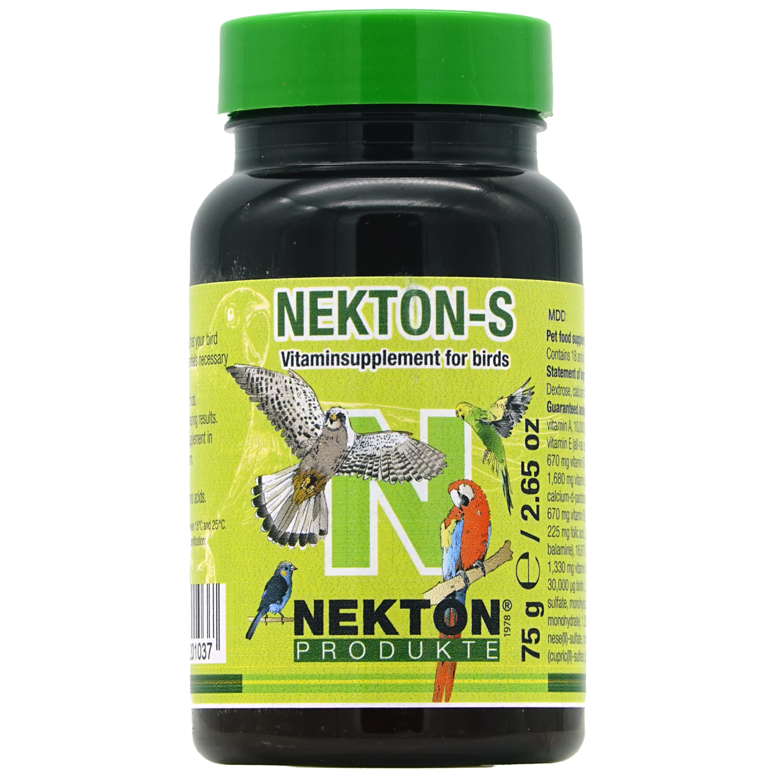 Nekton-S bird multi-vitamin packaging highlights 13 vitamins and amino acids for healthy nutrition in birds.