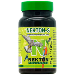 Nekton-S bird multi-vitamin packaging highlights 13 vitamins and amino acids for healthy nutrition in birds.