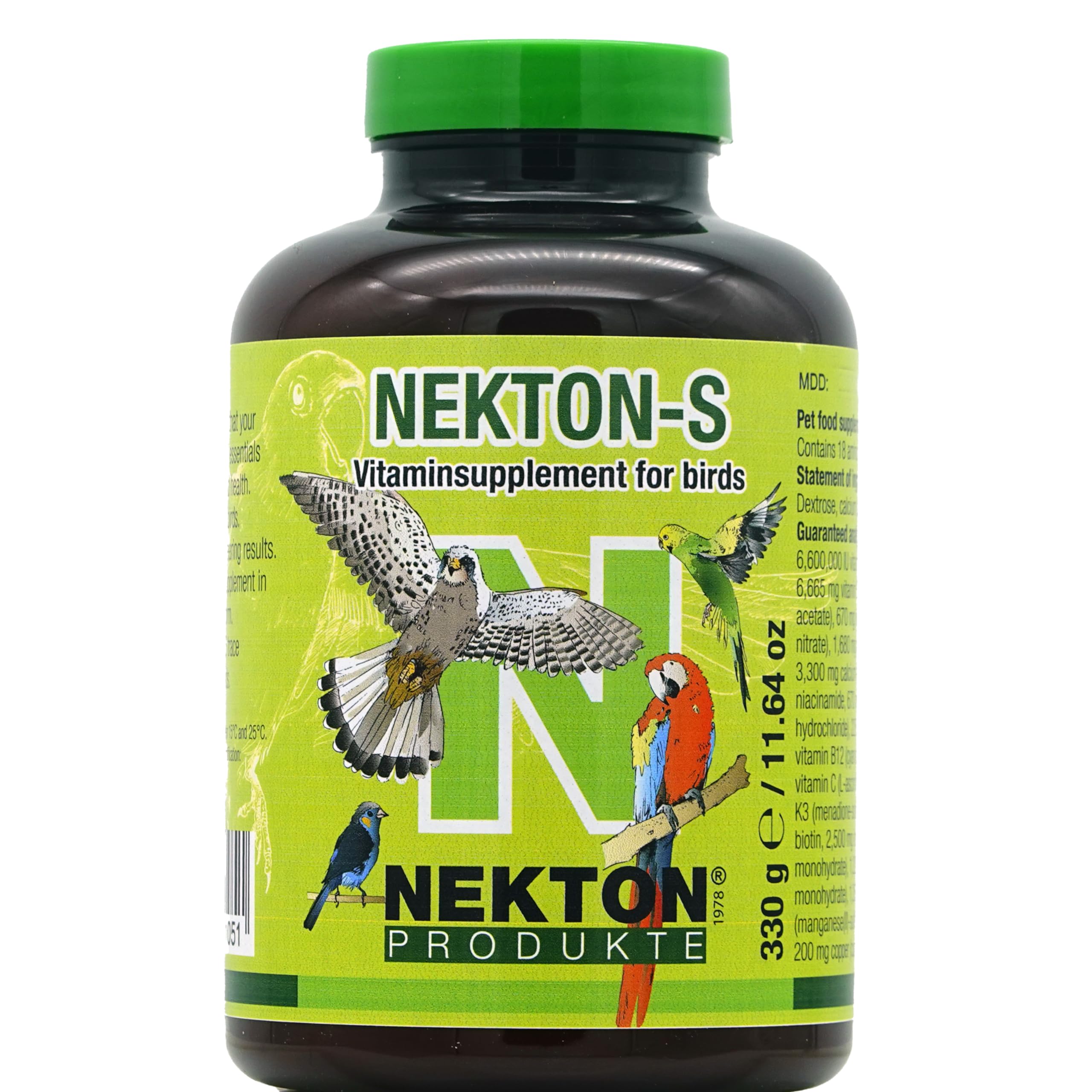 Nekton-S multi-vitamin bottle on display supports daily nutrition for birds.