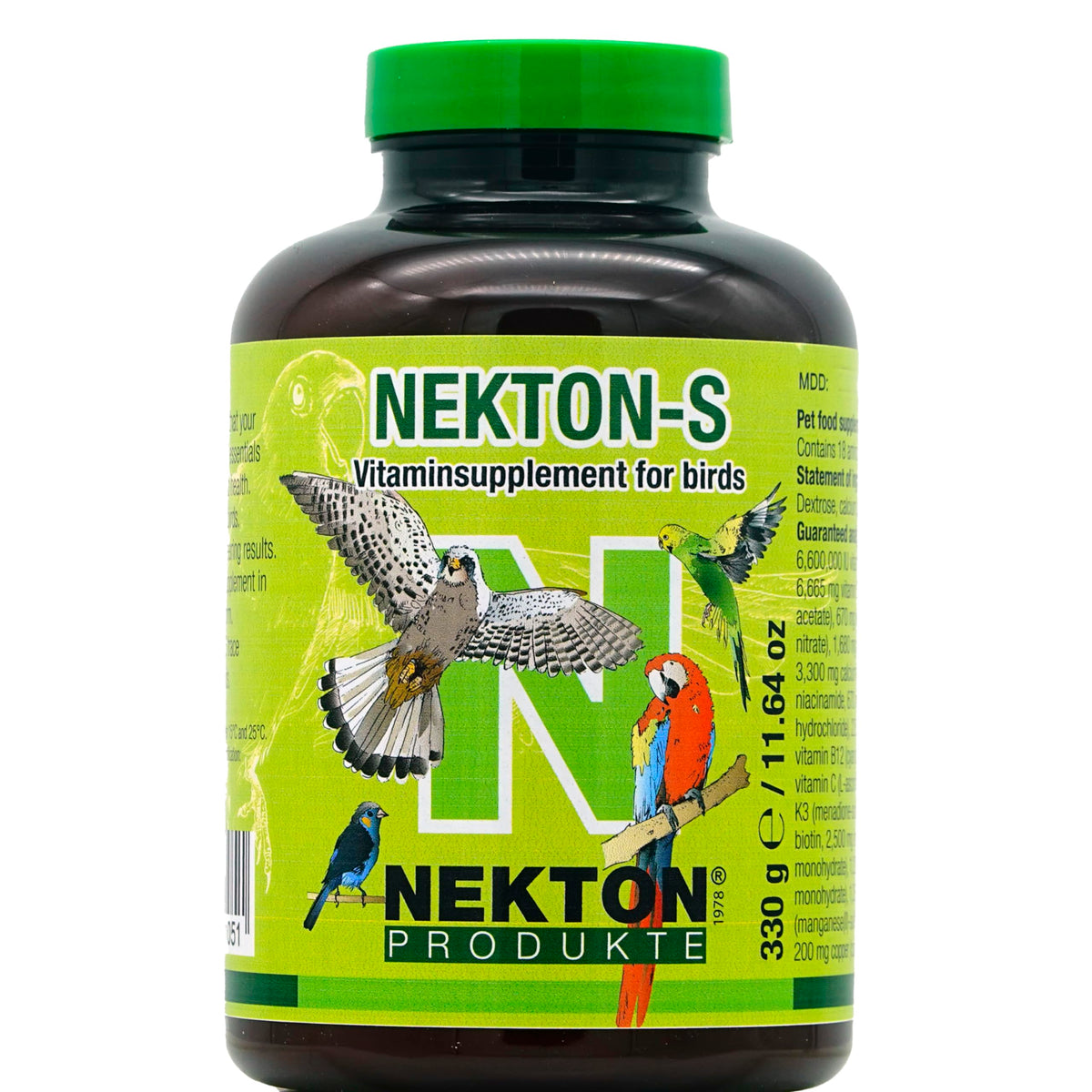 Nekton-S multi-vitamin bottle on display supports daily nutrition for birds.