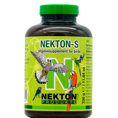 Nekton-S multi-vitamin bottle on display supports daily nutrition for birds.