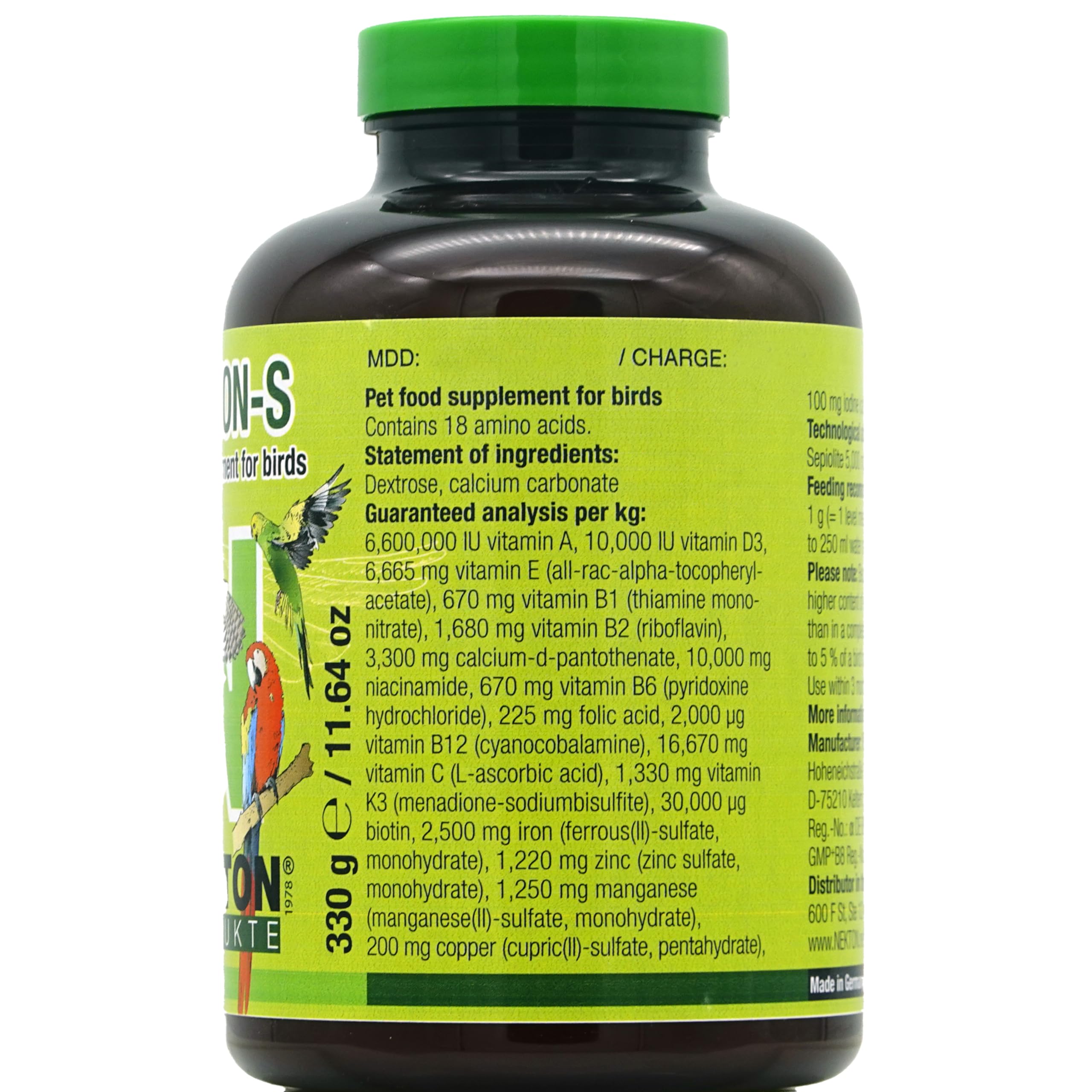 Nekton-S label close-up shows vitamins and amino acids for balanced diets.