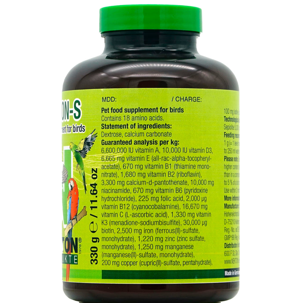 Nekton-S label close-up shows vitamins and amino acids for balanced diets.