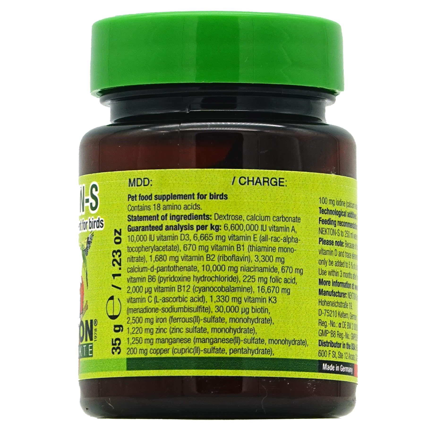 Nekton-S multi-vitamin ingredients showing amino acids and minerals for birds.
