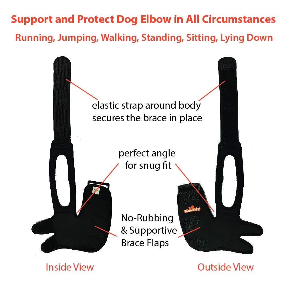 NeoAlly dog elbow brace left large on animal demonstrates breathable fabric and mobility.