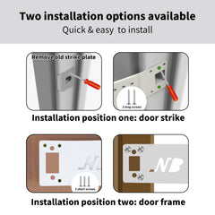 Two mounting options for Neobay latch enable quick setup without cutting or adhesive.