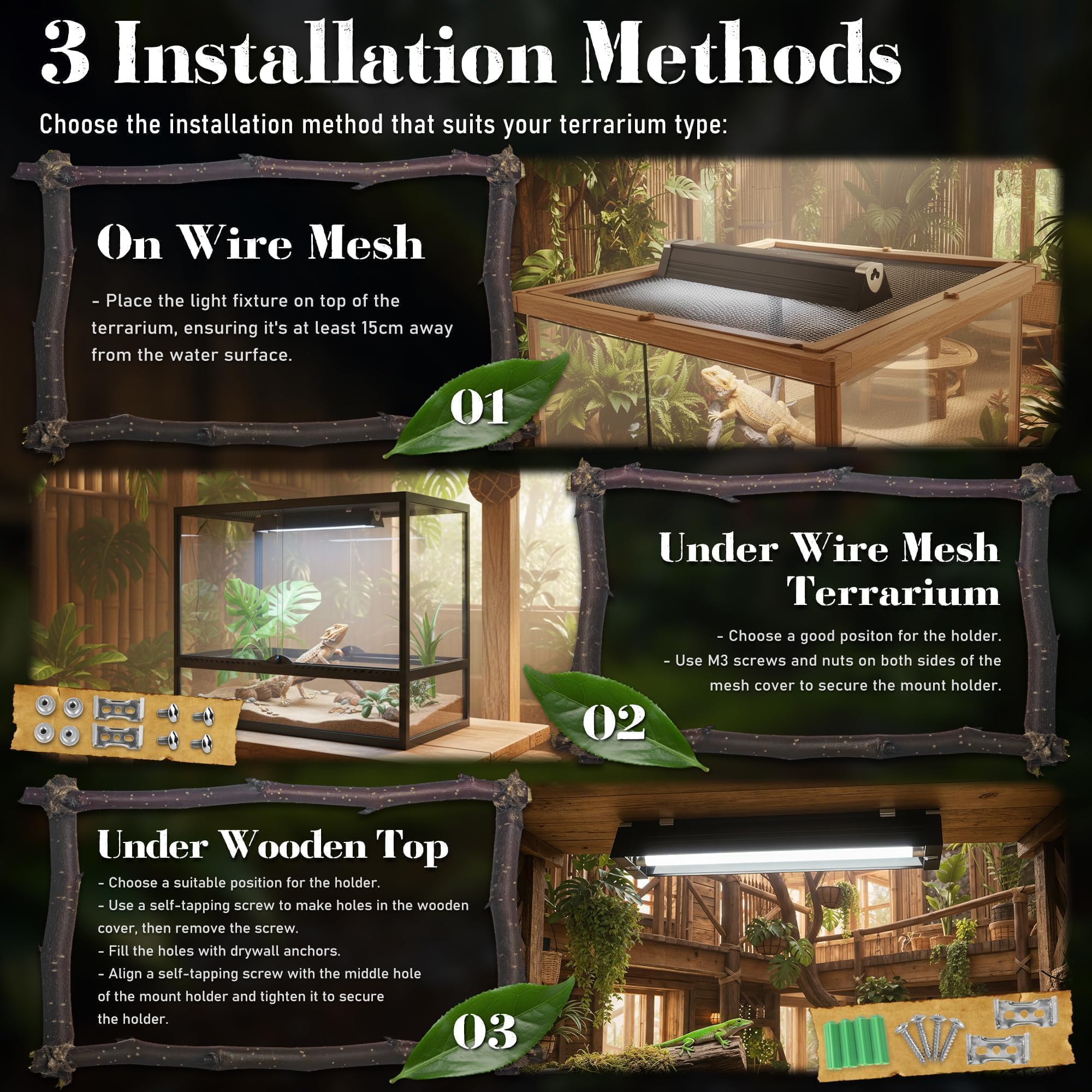 NEPTONION hanging design for mesh tops and wooden vivariums with secure mounting