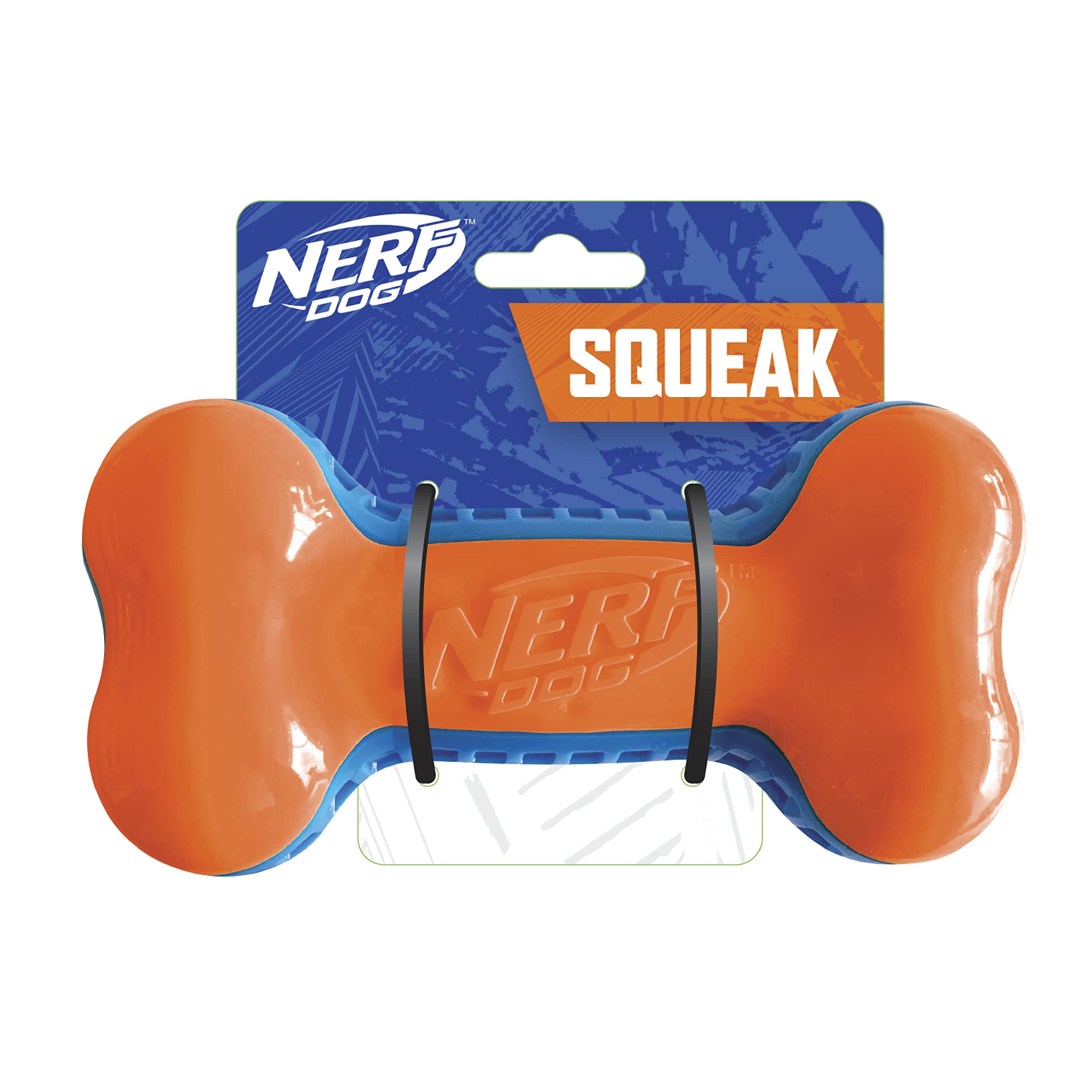 Nerf Dog 7in TPR EXO Squeak Bone blue orange top view for high visibility fetch.