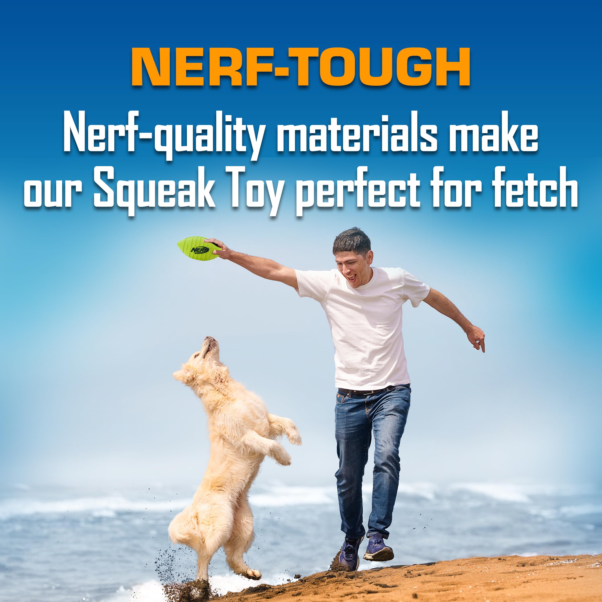 Nerf Dog Blitz squeak football measures 7 inches for medium and large dogs