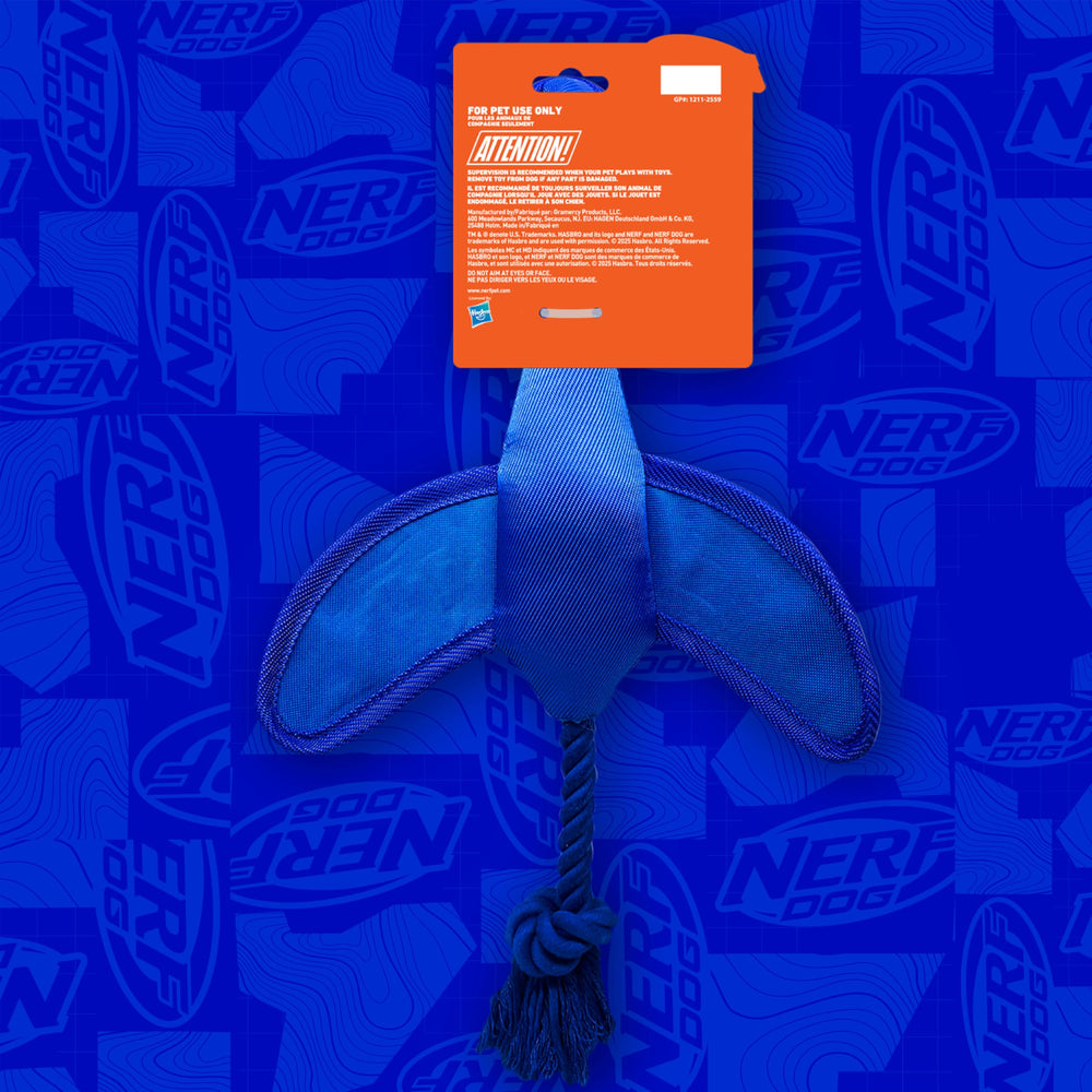 Nerf Dog bright blue-green duck enhances visibility during play.