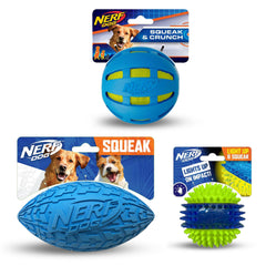 Nerf Dog Checker Crunch Ball in blue-green, highly visible for effortless fetch.