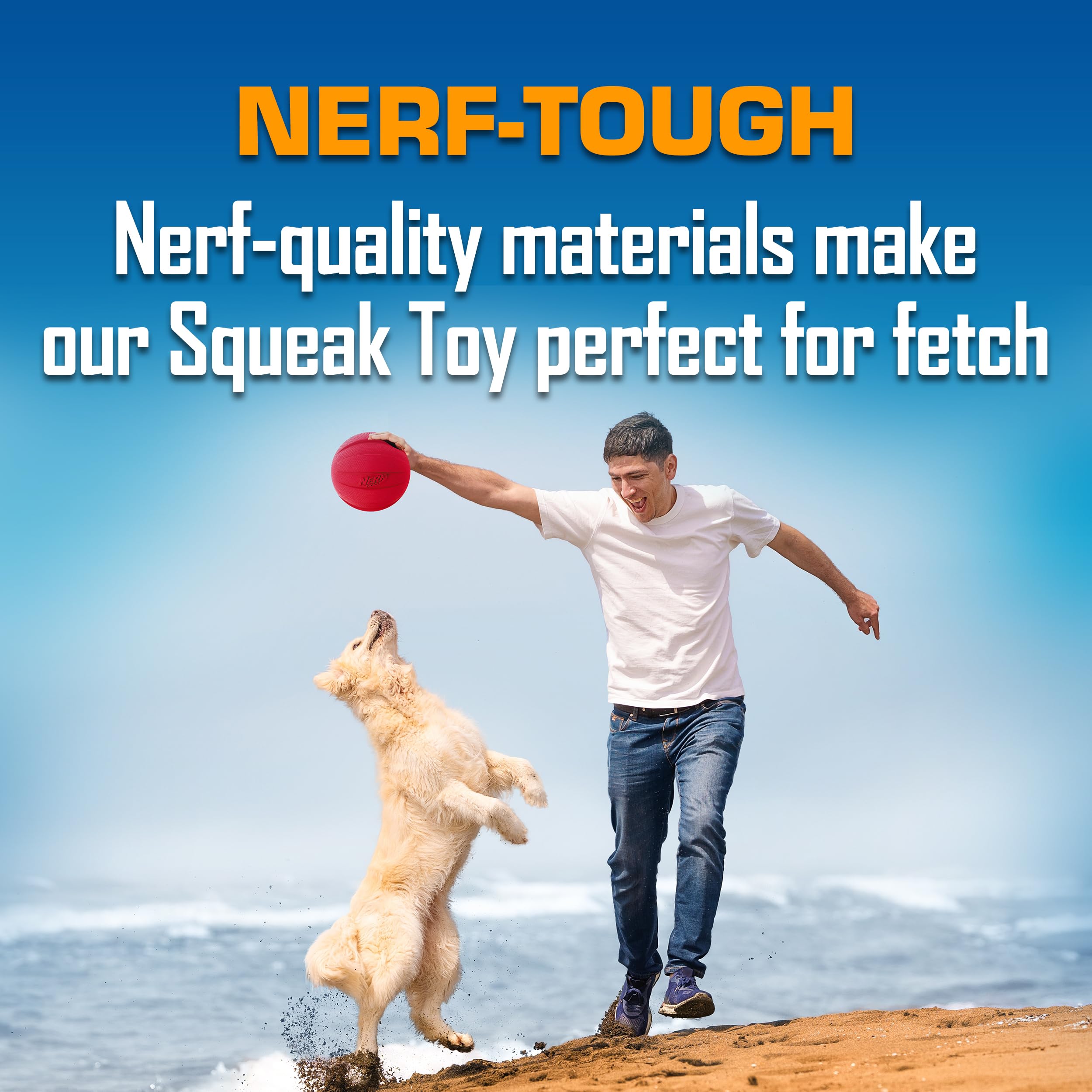 Nerf Dog Classic Squeak Ball’s colors improve visibility during outdoor play.