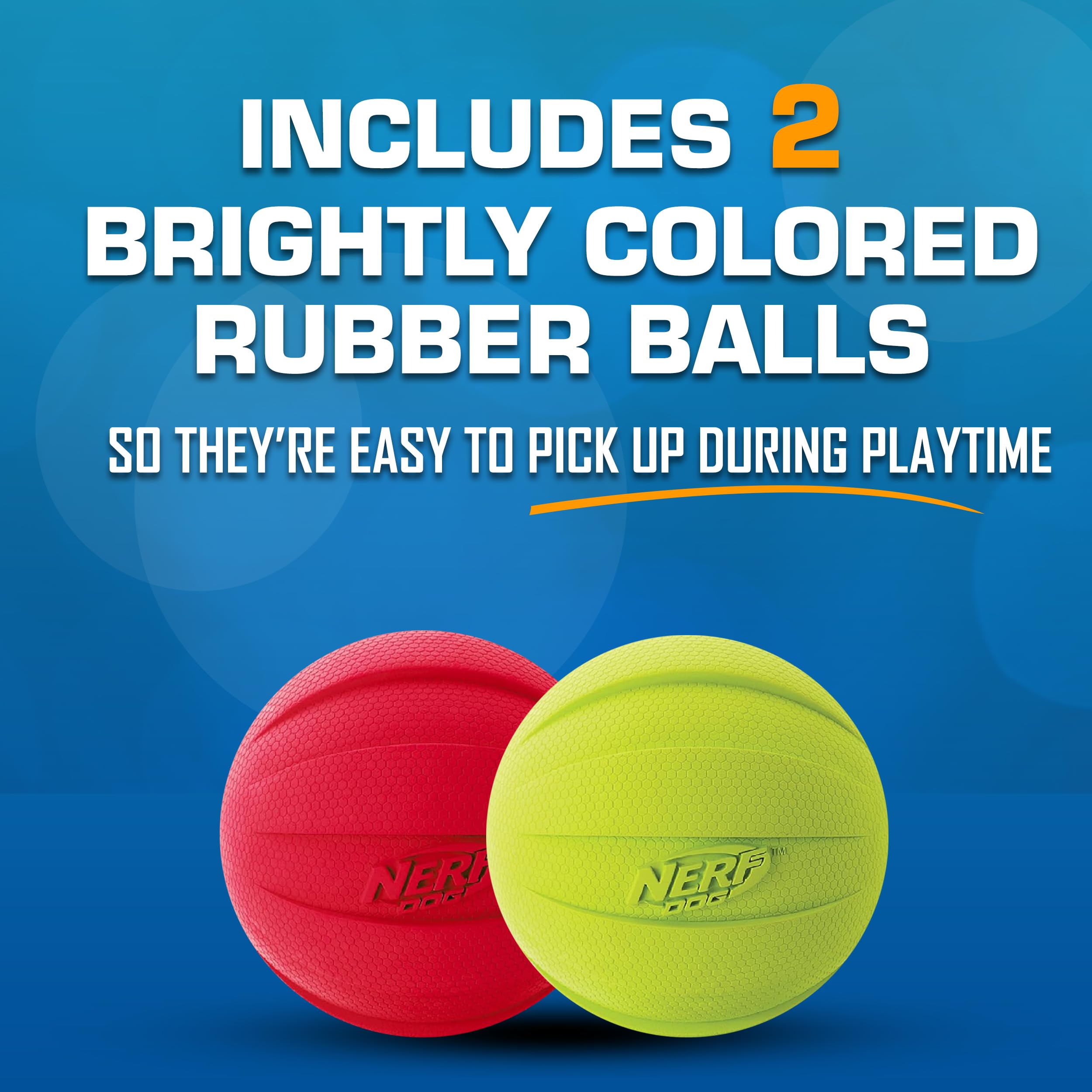 Nerf Dog Classic Squeak Ball emitting a squeak to grab your dog's attention.