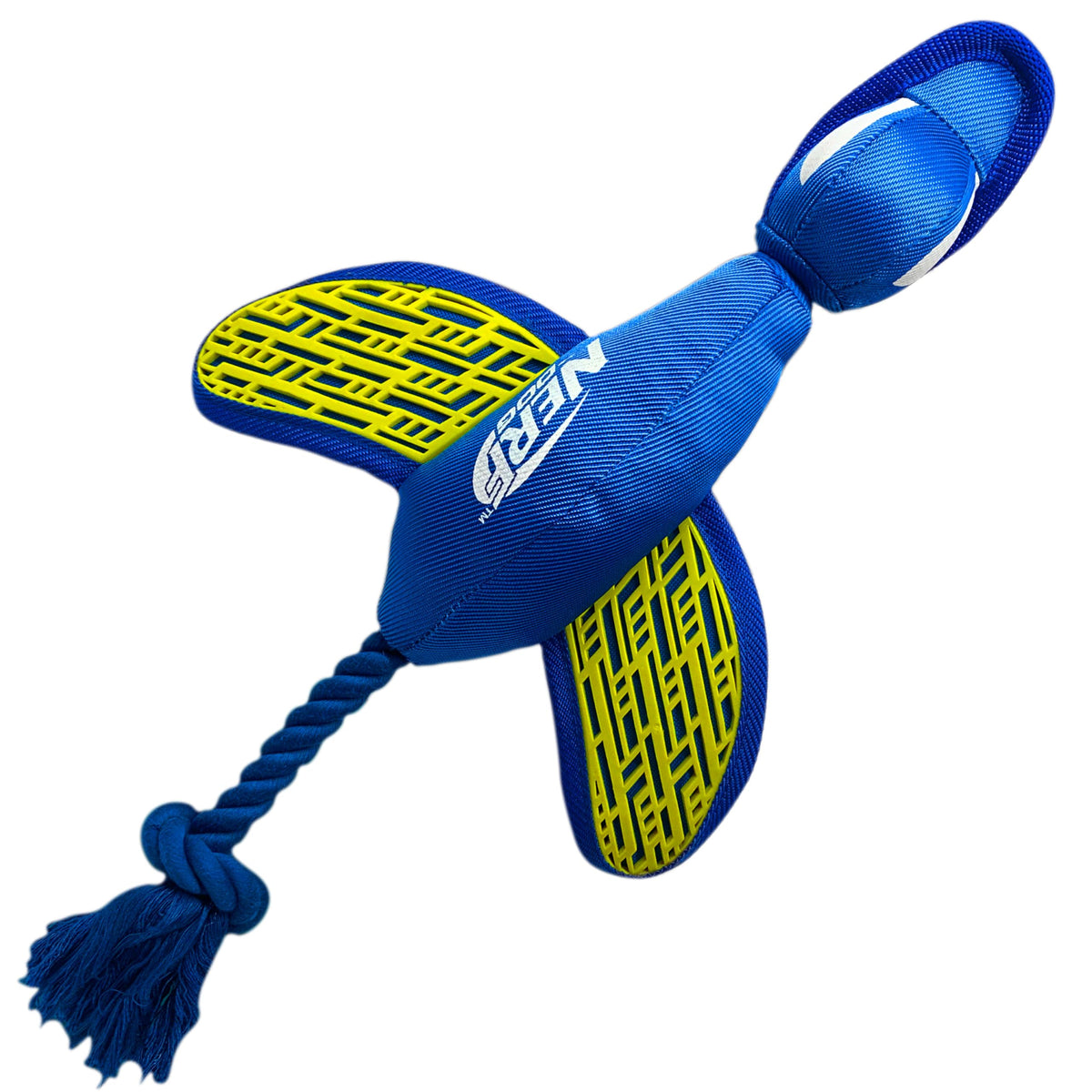 Nerf Dog large nylon launching duck blue-green in action for easy fetch.