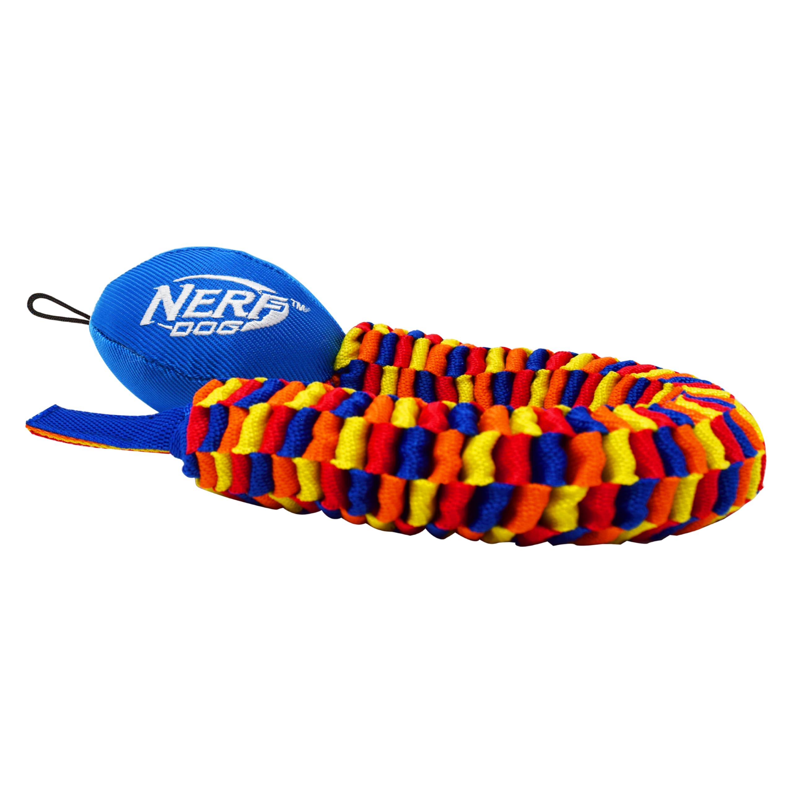 Nerf Dog Rainbow Vortex Chain Tug closeup showing ridged surface for gum massage