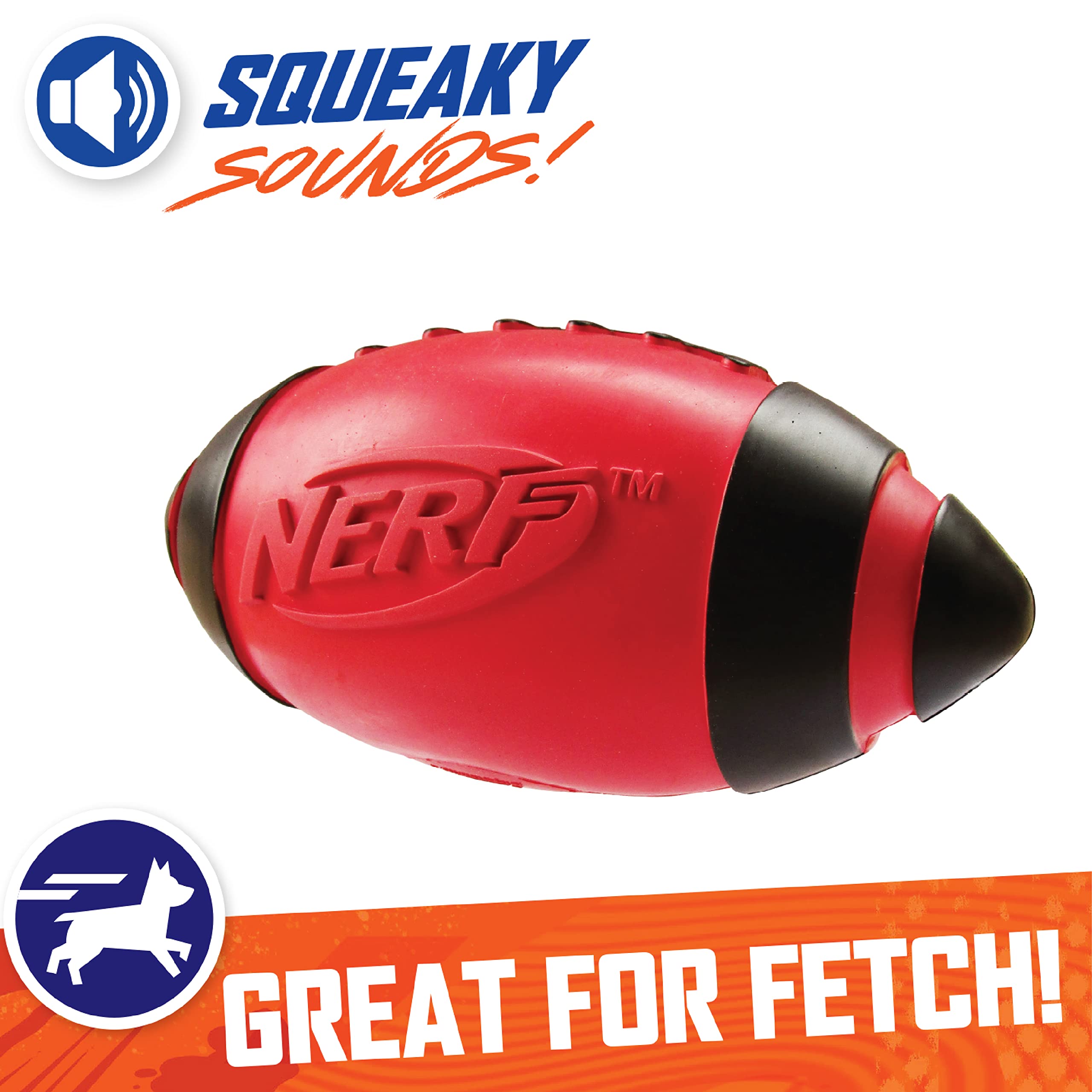 Nerf Dog Rubber Football shows water-resistant rubber construction for outdoor adventures