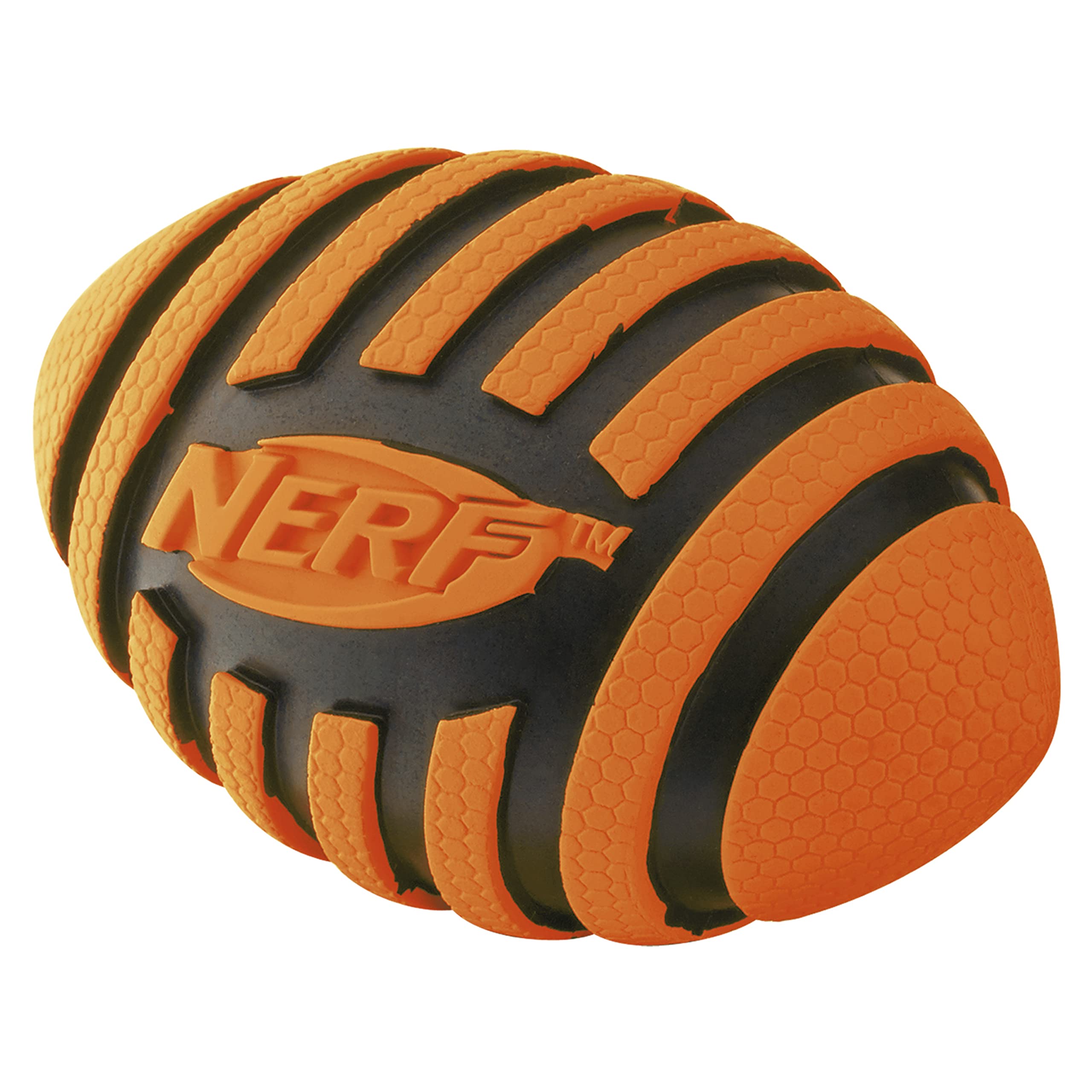 Nerf Dog Spiral Squeak Football ready for backyard fetch sessions.