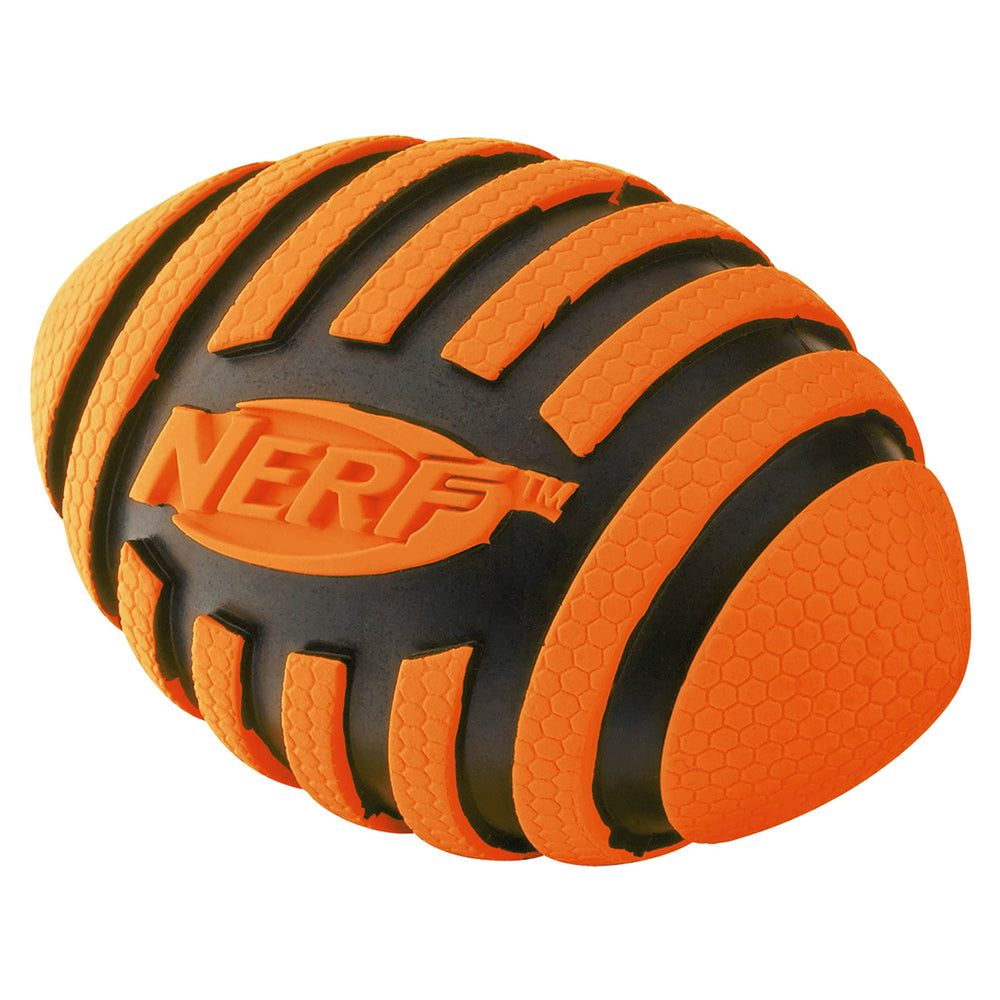 Nerf Dog Spiral Squeak Football ready for backyard fetch sessions.