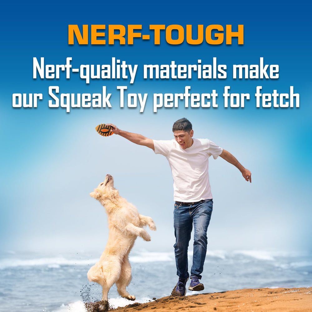 Nerf Dog Spiral Squeak Football suitable for lake, beach, and pool play.