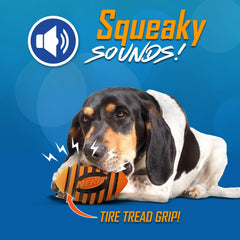 Nerf Dog Spiral Squeak Football close-up shows textured grip for easy pickup.