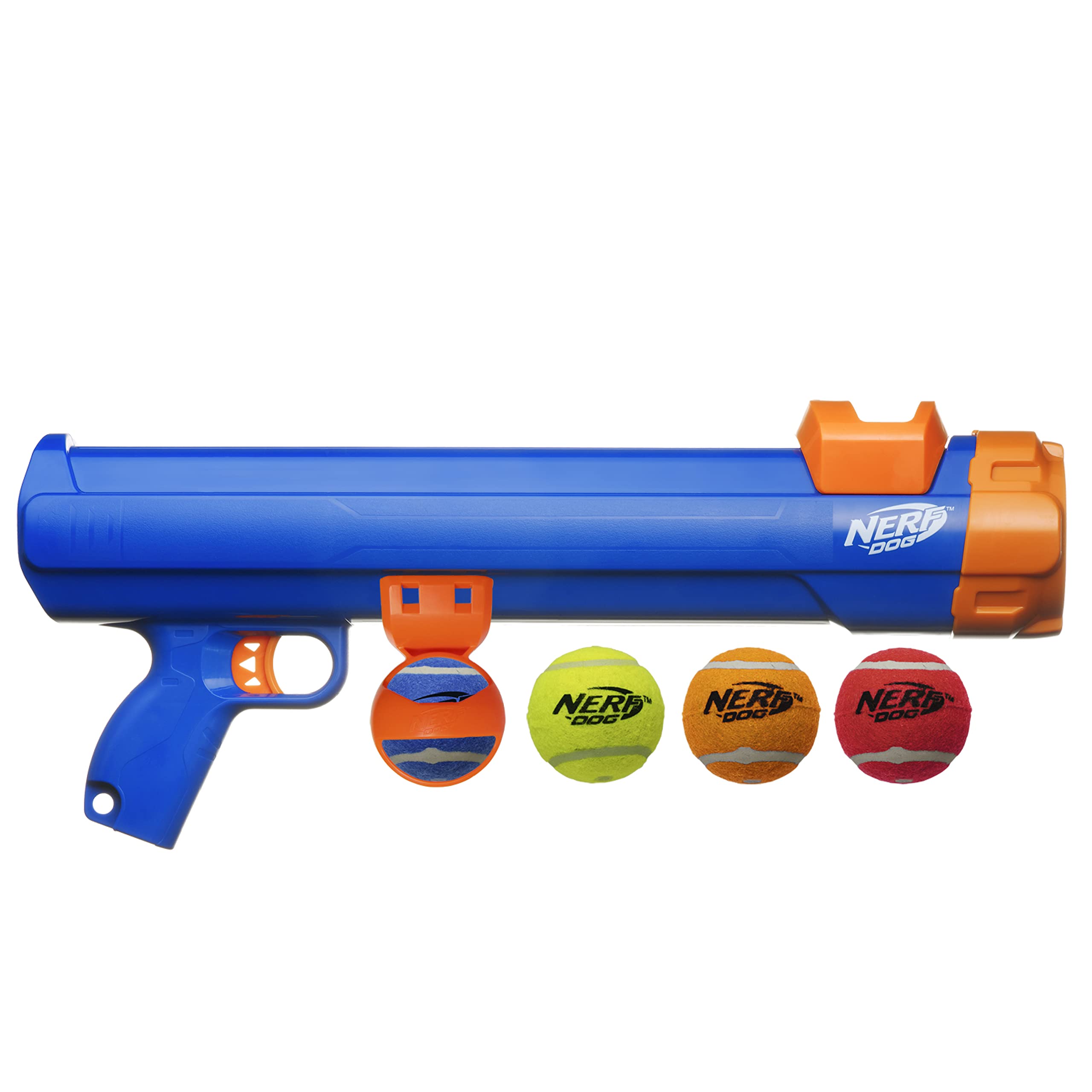 Nerf Dog blaster launches tennis ball up to 50 feet for long-range fetch.