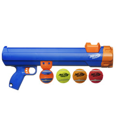 Nerf Dog blaster launches tennis ball up to 50 feet for long-range fetch.