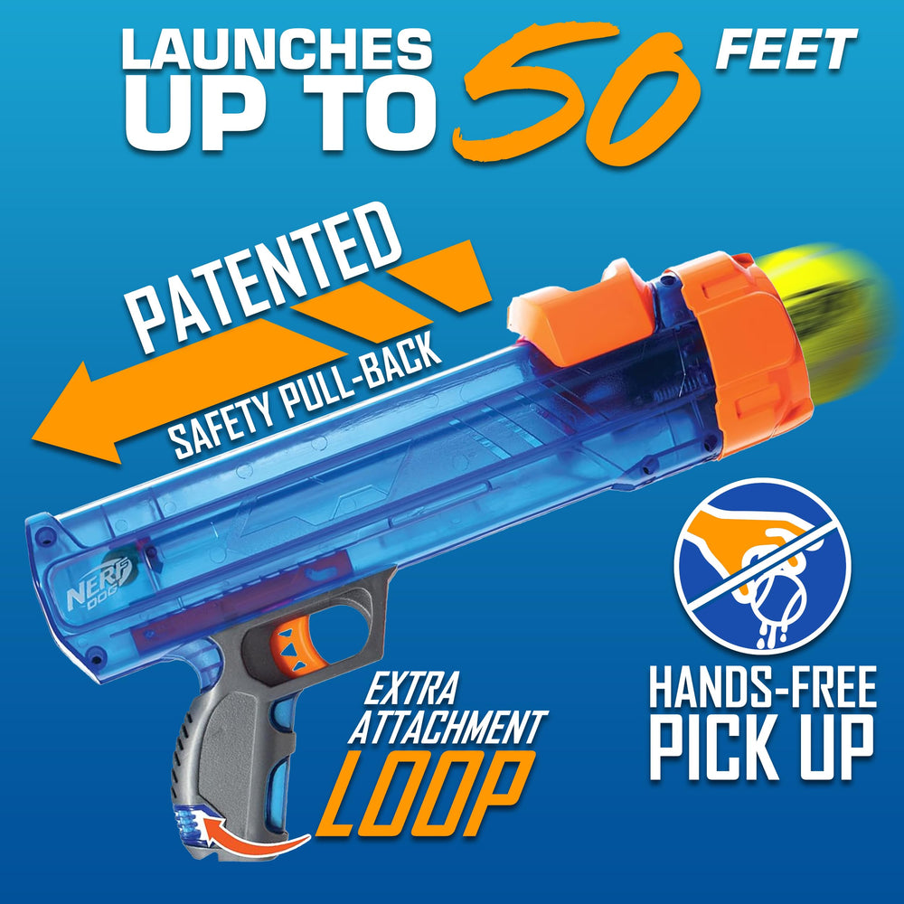 Loaded Nerf Dog Tennis Ball Blaster with cock-back handle for easy, hands-free loading