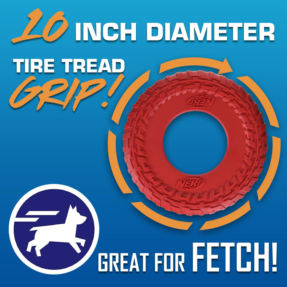 Nerf Dog Tire Flyer translucent green 10-inch disc for outdoor visibility during fetch.
