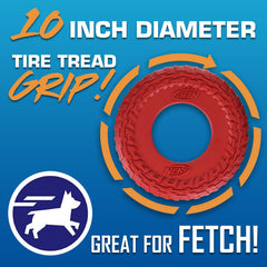 Nerf Dog Tire Flyer translucent green 10-inch disc for outdoor visibility during fetch.