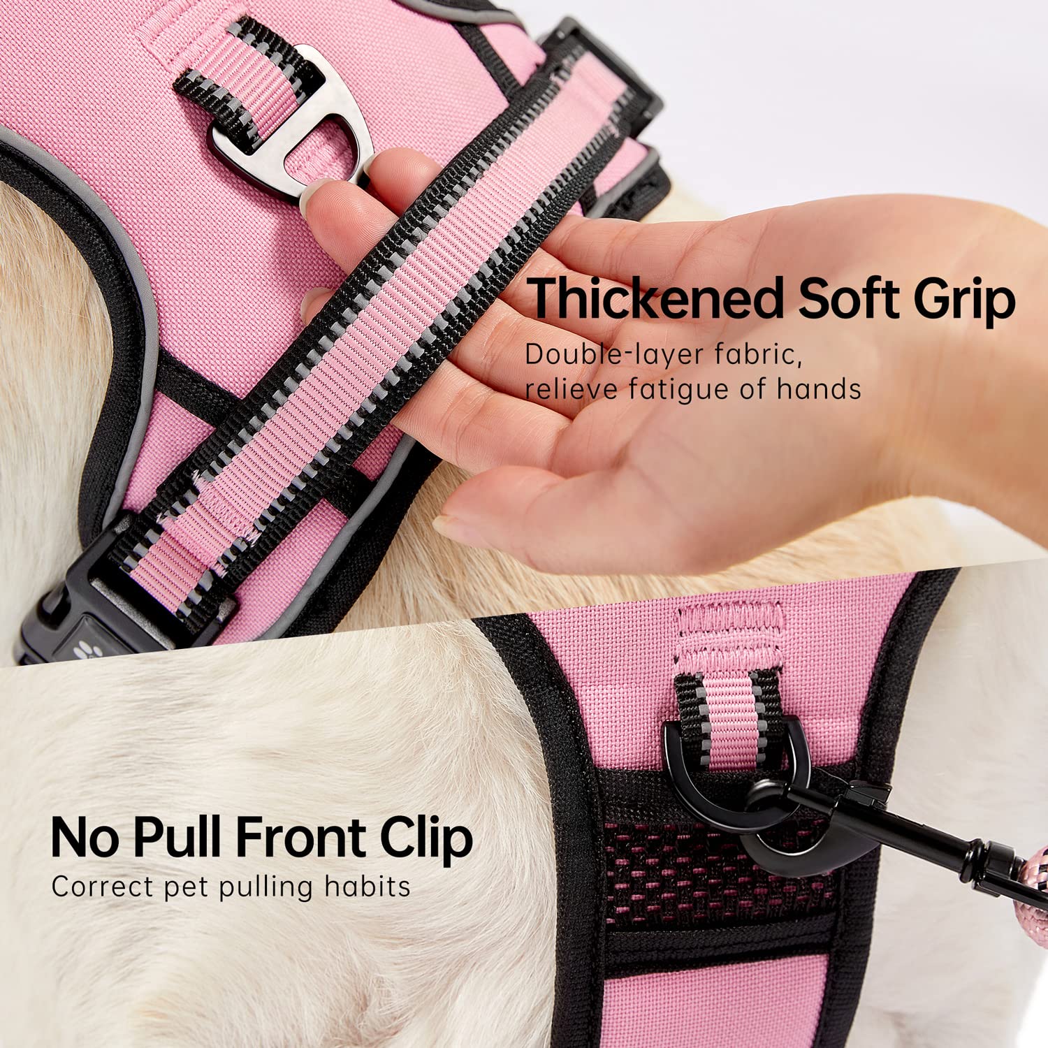 NESTROAD No Pull harness pink leash-attachment view shows versatile front and rear clips