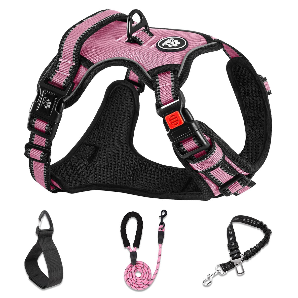 NESTROAD No-Pull harness pink front view for easy on/off control.
