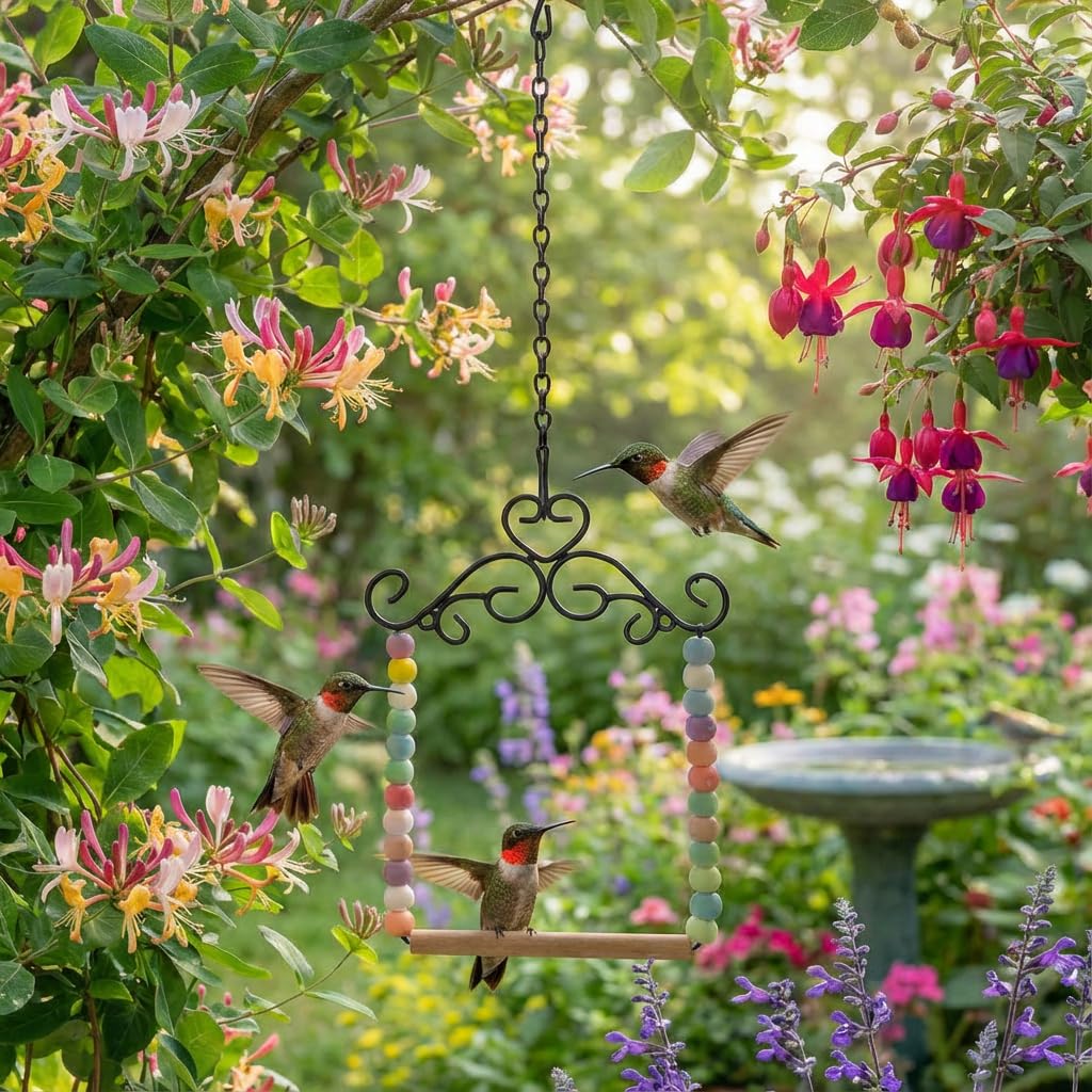 Nesturrow hummingbird swing near feeder invites more visits by hummingbirds.